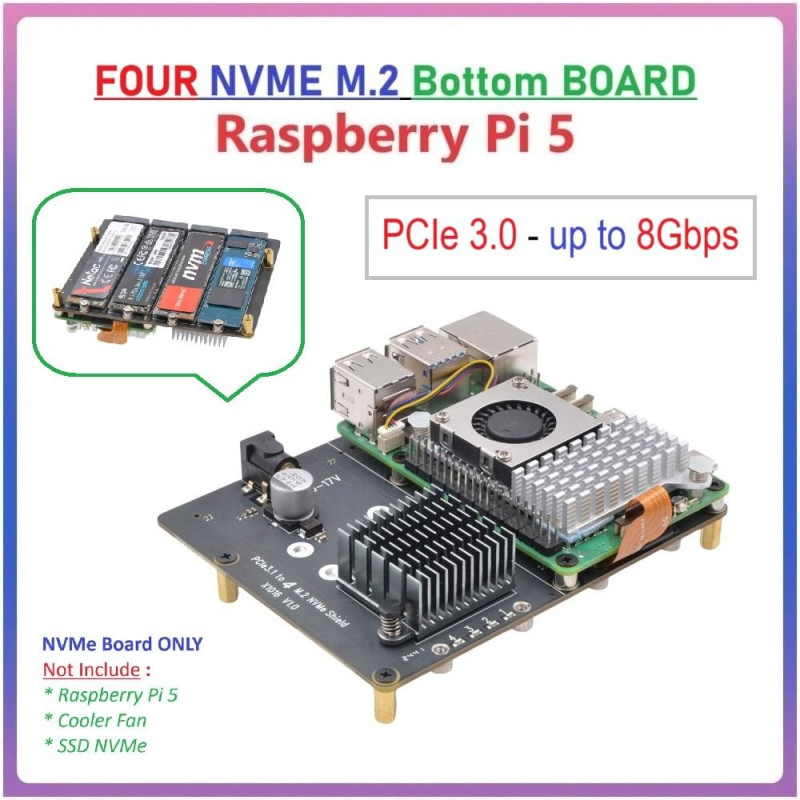 SUPTRONICS X1016 PCIe 3.0 to Quad M.2 NVMe 4 SSD Bottom Shield for Raspberry Pi 5